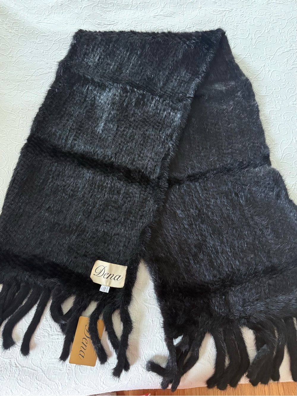 Dena Fur Mink Knitted Scarf Black Color Wrap Shawl Stole